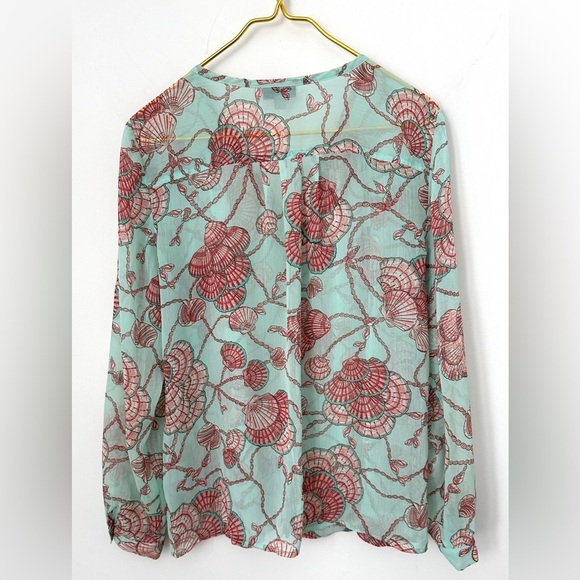 Roz & Ali Teal Pink Sea Shell Beach Semi Sheer Button Front Flowy Top Medium - Picture 3 of 7